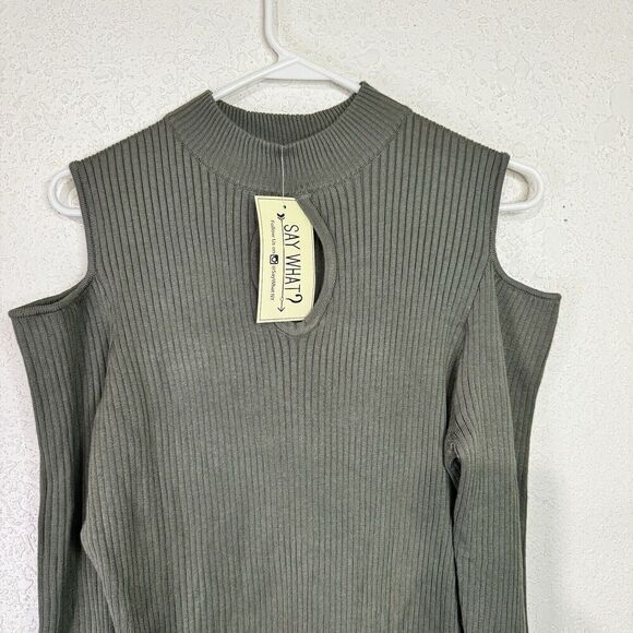 Say What Sweater Knit Dress Woman 2X Army Green Pullover Cold Shoulder Dress NWT - Picture 7 of 15